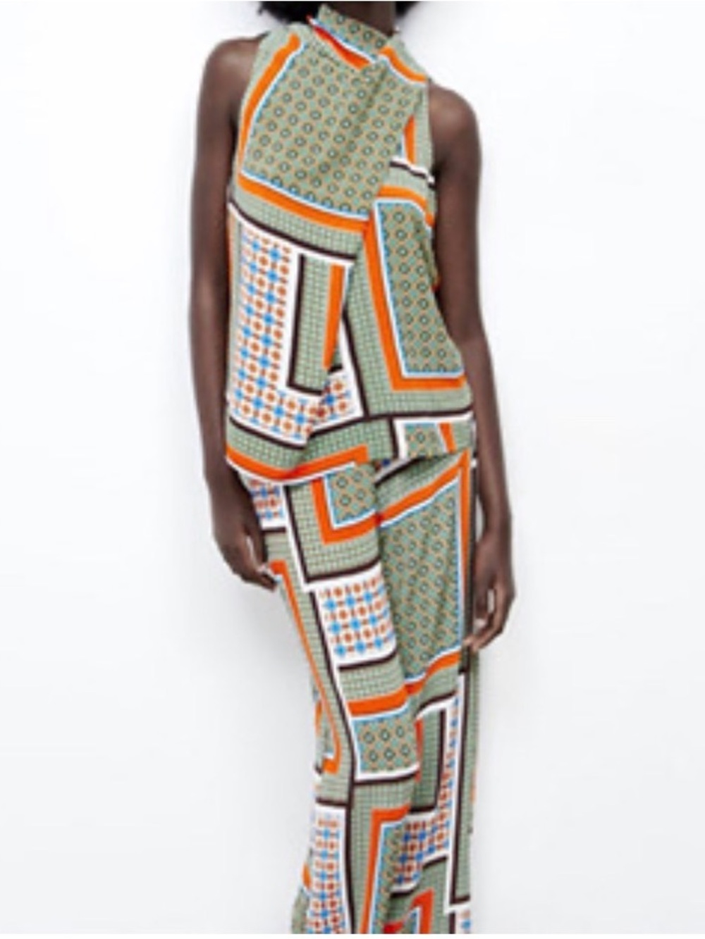 Zara Sleeveless Geo-Print top and wide-leg pants set in Green & Orange
